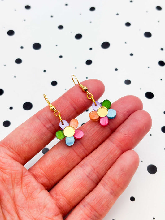 Small Pastel Rainbow Petal Flower Dangle Earrings or Necklace – Hypoallergenic Stainless Steel