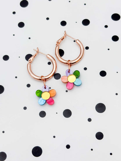 Small Pastel Rainbow Petal Flower Dangle Earrings or Necklace – Hypoallergenic Stainless Steel