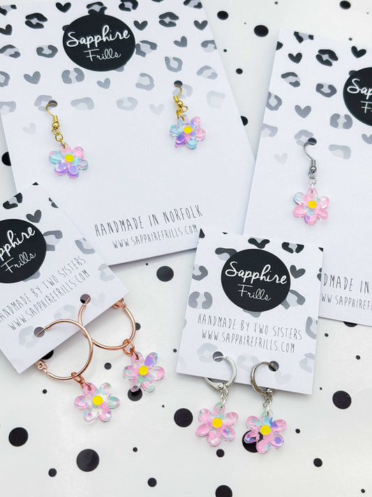 Small Asymmetric Pastel Hexagon Sequin Flower Dangle Earrings or Necklace – Hypoallergenic Stainless Steel