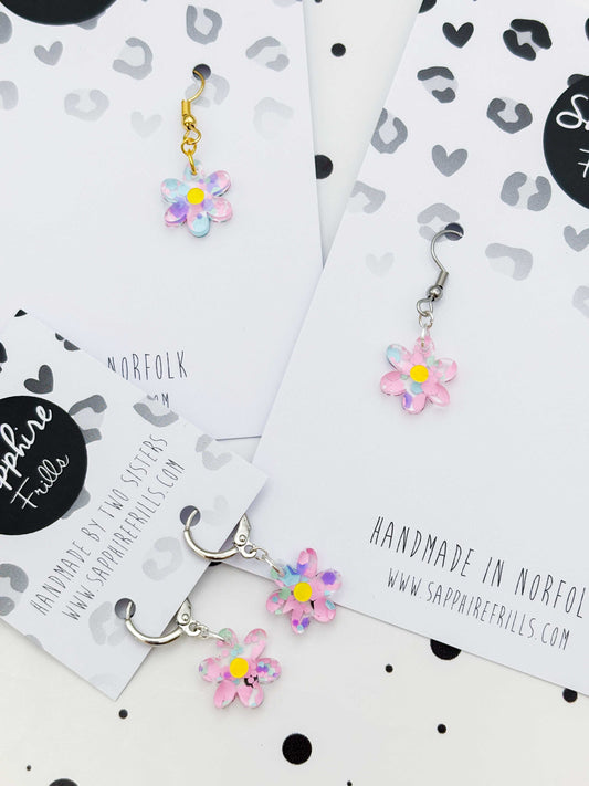 Small Asymmetric Pastel Hexagon Sequin Flower Dangle Earrings or Necklace – Hypoallergenic Stainless Steel