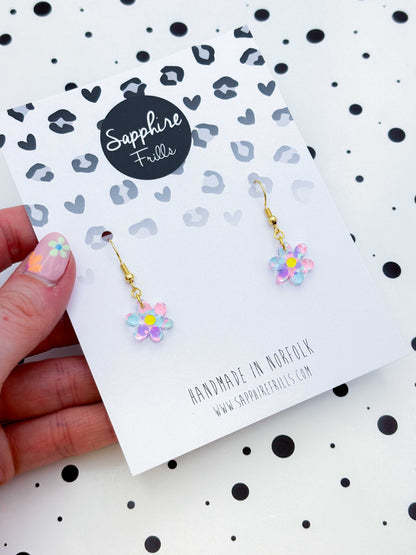 Small Asymmetric Pastel Hexagon Sequin Flower Dangle Earrings or Necklace – Hypoallergenic Stainless Steel