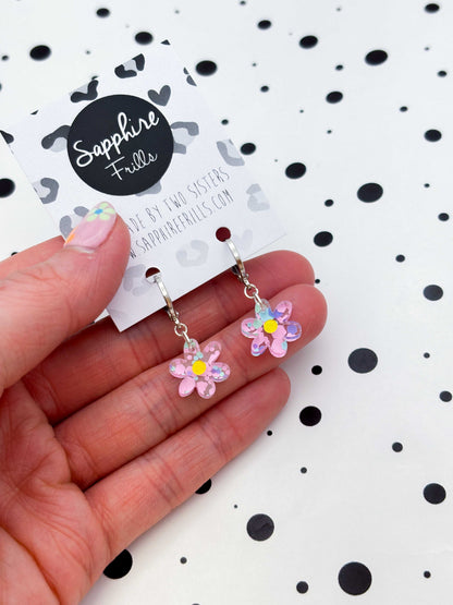 Small Asymmetric Pastel Hexagon Sequin Flower Dangle Earrings or Necklace – Hypoallergenic Stainless Steel
