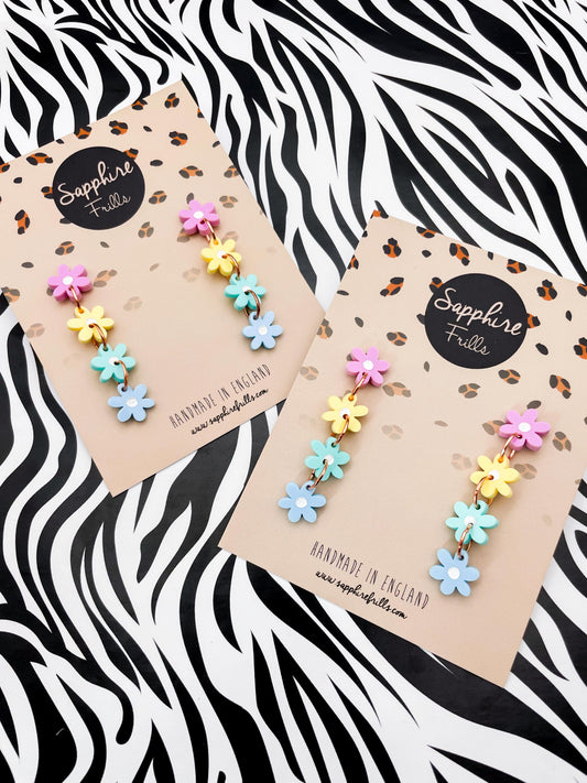 Pastel Rainbow Gloss Acrylic Daisy Flower Dangle Earrings – Hypoallergenic Stainless Steel