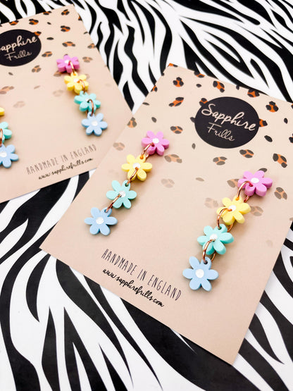 Pastel Rainbow Gloss Acrylic Daisy Flower Dangle Earrings – Hypoallergenic Stainless Steel