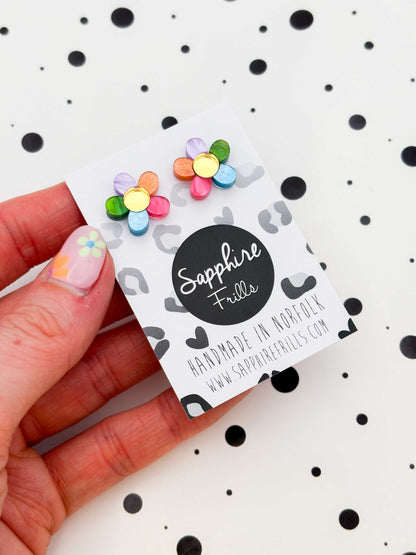 Small Pastel Rainbow Petal Flower Stud Earrings – Hypoallergenic Stainless Steel