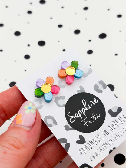 Small Pastel Rainbow Petal Flower Stud Earrings – Hypoallergenic Stainless Steel