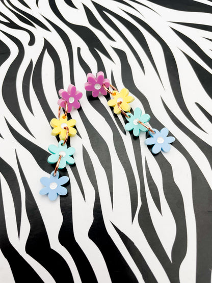 Pastel Rainbow Gloss Acrylic Daisy Flower Dangle Earrings – Hypoallergenic Stainless Steel