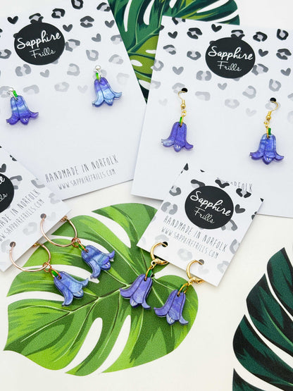 Medium Periwinkle Glitter Marble Bluebell Dangle Earrings or Necklace – Hypoallergenic Stainless Steel