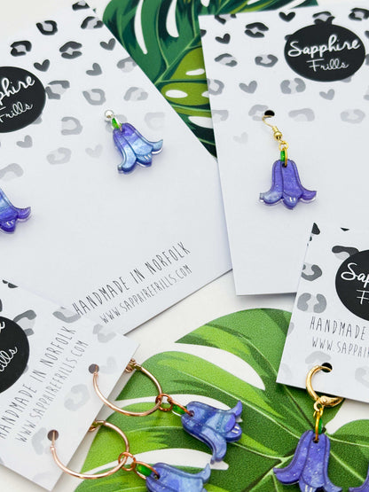 Medium Periwinkle Glitter Marble Bluebell Dangle Earrings or Necklace – Hypoallergenic Stainless Steel