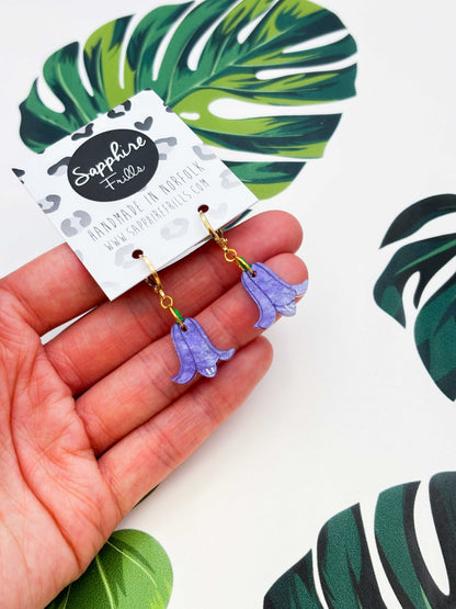 Medium Periwinkle Glitter Marble Bluebell Dangle Earrings or Necklace – Hypoallergenic Stainless Steel