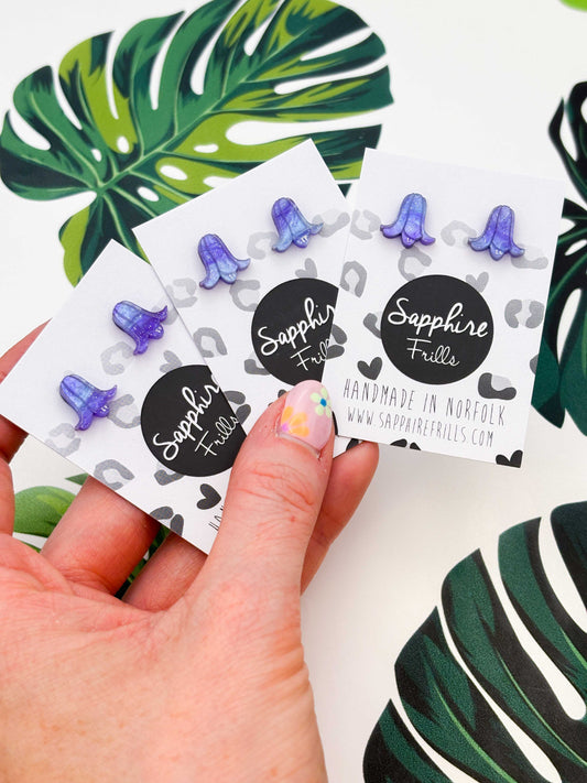 Mini Periwinkle Glitter Marble Bluebell Stud Earrings – Hypoallergenic Stainless Steel
