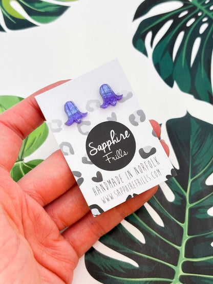 Mini Periwinkle Glitter Marble Bluebell Stud Earrings – Hypoallergenic Stainless Steel
