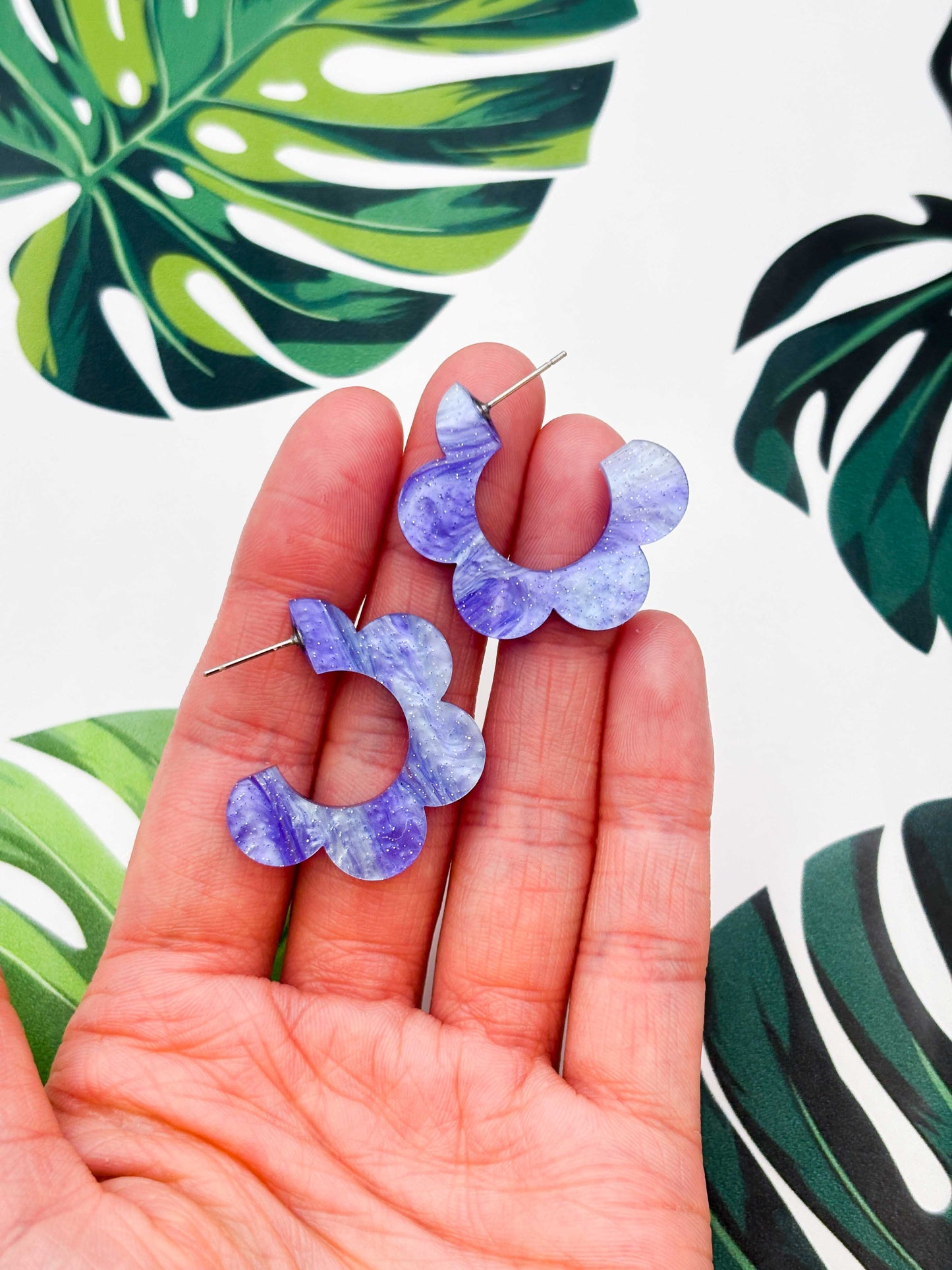 Large Periwinkle Glitter Marble Acrylic Flower Hoops