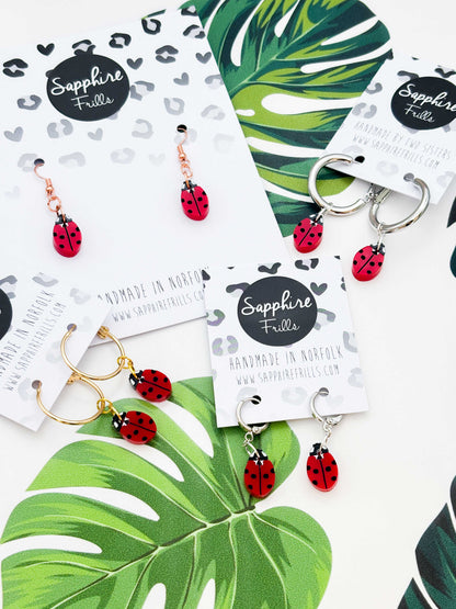 Small Ladybird Acrylic Dangle Earrings or Necklace – Hypoallergenic Stainless Steel