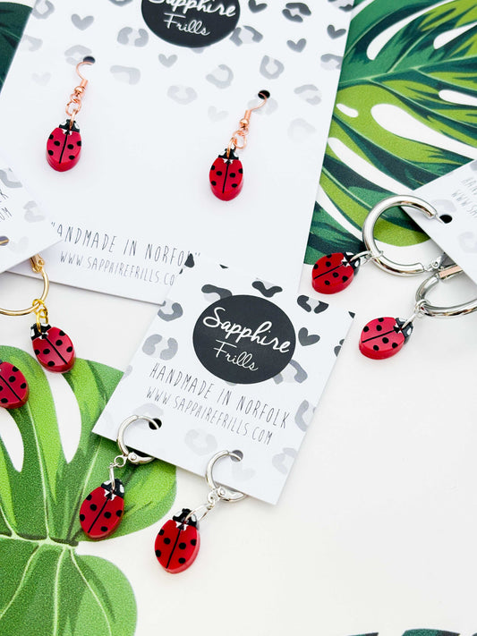 Small Ladybird Acrylic Dangle Earrings or Necklace – Hypoallergenic Stainless Steel