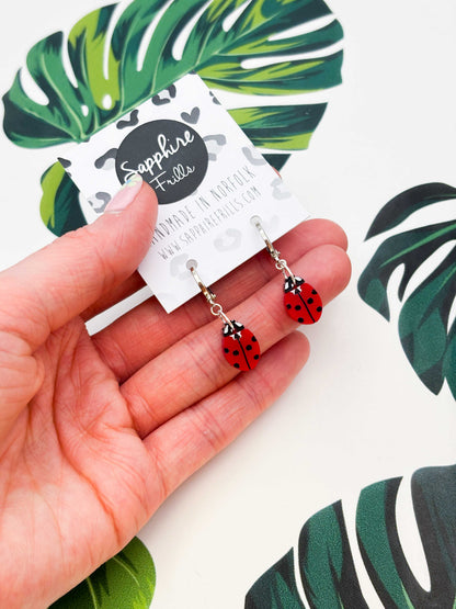 Small Ladybird Acrylic Dangle Earrings or Necklace – Hypoallergenic Stainless Steel