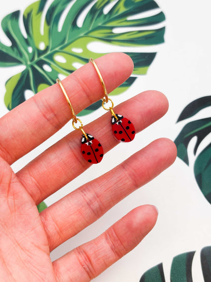 Small Ladybird Acrylic Dangle Earrings or Necklace – Hypoallergenic Stainless Steel