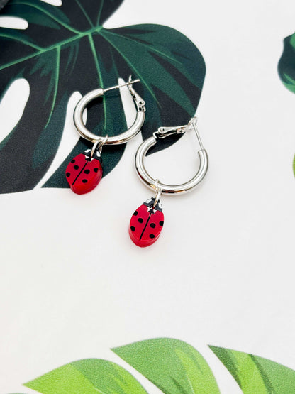 Small Ladybird Acrylic Dangle Earrings or Necklace – Hypoallergenic Stainless Steel