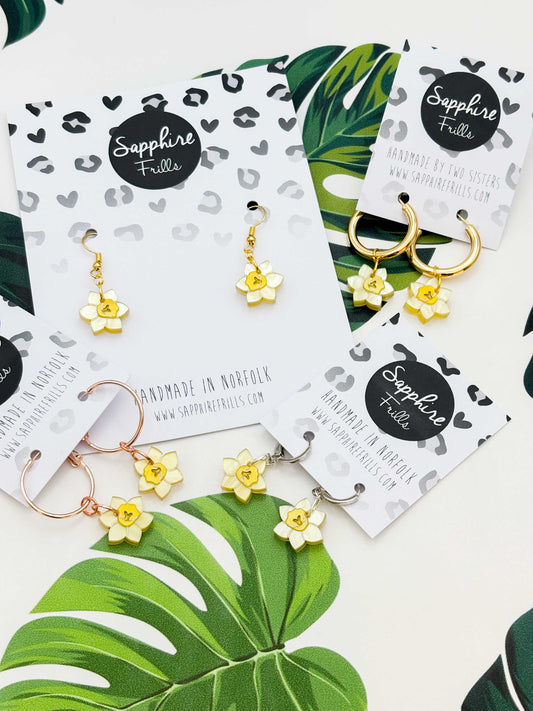 Small Yellow Daffodil Acrylic Dangle Earrings or Necklace – Hypoallergenic Stainless Steel