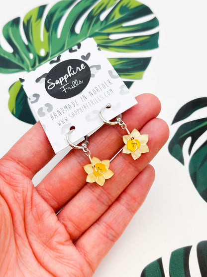 Small Yellow Daffodil Acrylic Dangle Earrings or Necklace – Hypoallergenic Stainless Steel