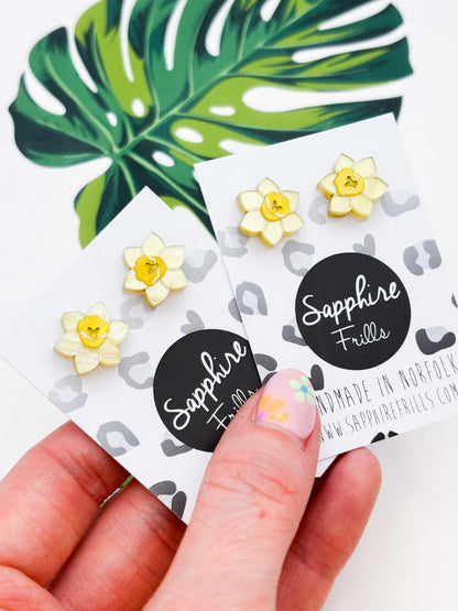 Small Yellow Marble Daffodil Acrylic Stud Earrings – Hypoallergenic Stainless Steel