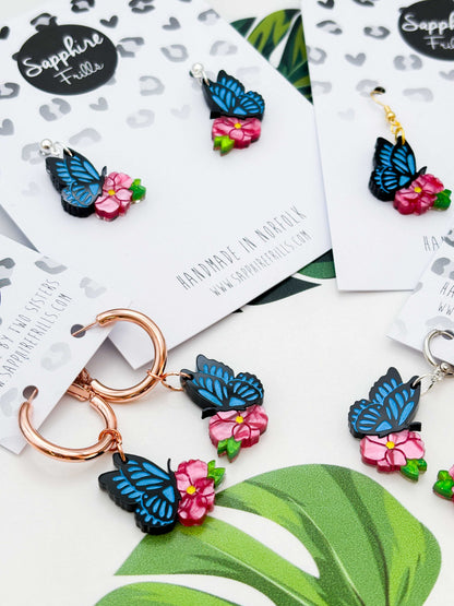 Medium Blue Butterfly on Hot Pink Flower Dangle Earrings or Necklace – Hypoallergenic Stainless Steel