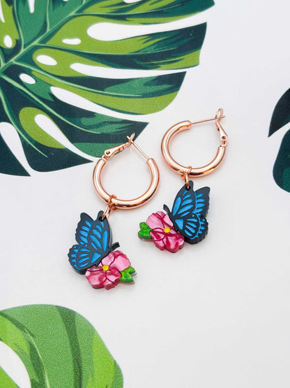 Medium Blue Butterfly on Hot Pink Flower Dangle Earrings or Necklace – Hypoallergenic Stainless Steel