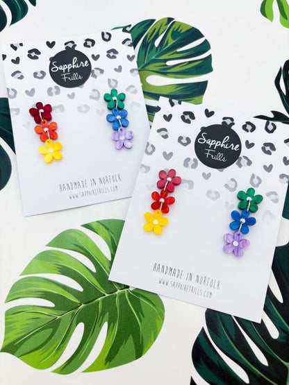 Rainbow Mismatch Flower Trio  Statement Dangle Earrings – Hypoallergenic Stainless Steel