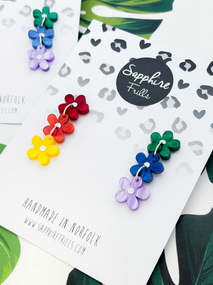 Rainbow Mismatch Flower Trio  Statement Dangle Earrings – Hypoallergenic Stainless Steel