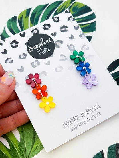 Rainbow Mismatch Flower Trio  Statement Dangle Earrings – Hypoallergenic Stainless Steel
