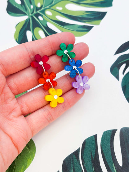 Rainbow Mismatch Flower Trio  Statement Dangle Earrings – Hypoallergenic Stainless Steel