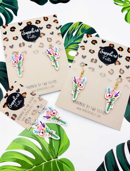 Large Wildflower Bunch Acrylic Dangle Earrings or Necklace – Hypoallergenic Stainless Steel