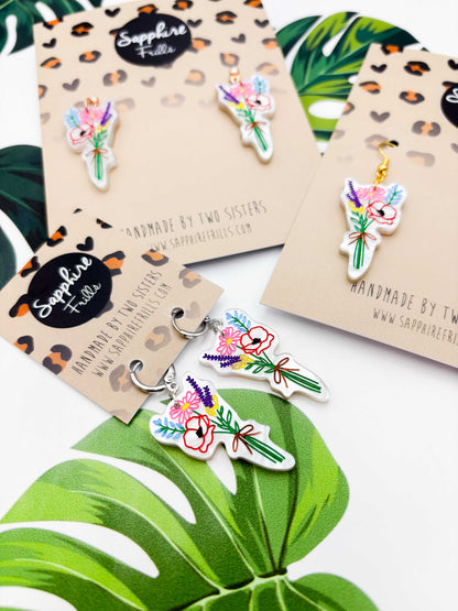 Large Wildflower Bunch Acrylic Dangle Earrings or Necklace – Hypoallergenic Stainless Steel