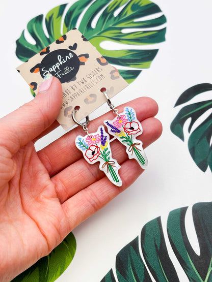 Large Wildflower Bunch Acrylic Dangle Earrings or Necklace – Hypoallergenic Stainless Steel