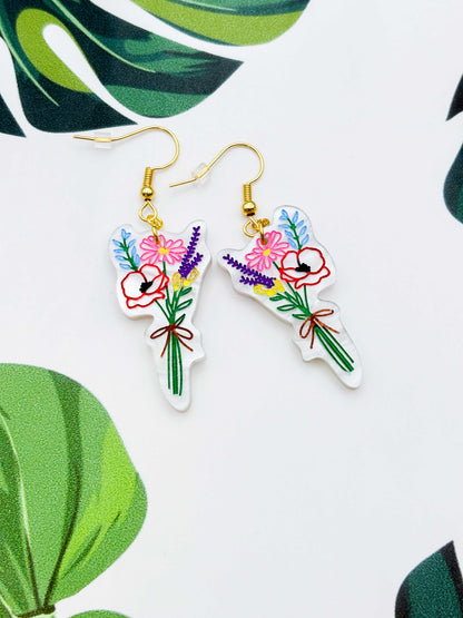 Large Wildflower Bunch Acrylic Dangle Earrings or Necklace – Hypoallergenic Stainless Steel