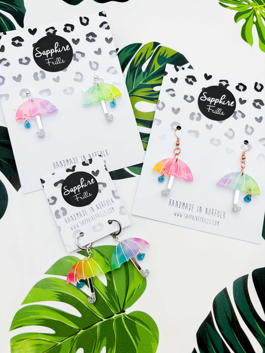 Large Mismatch Rainbow Leopard Umbrella with Raindrop Acrylic Dangle Earrings or Necklace – Hypoallergenic Stainless Steel