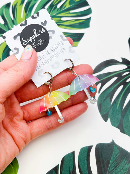 Large Mismatch Rainbow Leopard Umbrella with Raindrop Acrylic Dangle Earrings or Necklace – Hypoallergenic Stainless Steel
