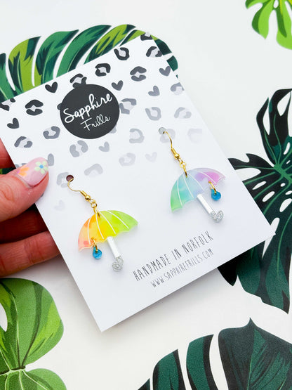 Large Mismatch Rainbow Leopard Umbrella with Raindrop Acrylic Dangle Earrings or Necklace – Hypoallergenic Stainless Steel
