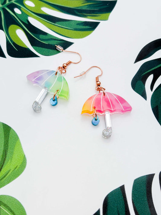 Large Mismatch Rainbow Leopard Umbrella with Raindrop Acrylic Dangle Earrings or Necklace – Hypoallergenic Stainless Steel