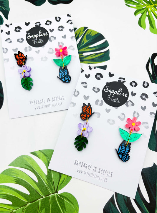 Mismatch Rainbow Butterfly Flower and Leaf Dangle Earrings – Hypoallergenic Stainless Steel