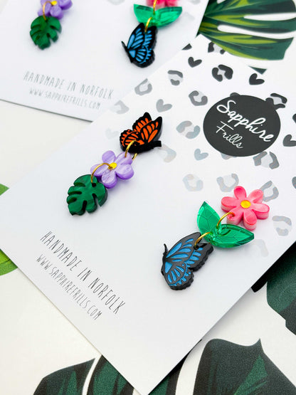 Mismatch Rainbow Butterfly Flower and Leaf Dangle Earrings – Hypoallergenic Stainless Steel