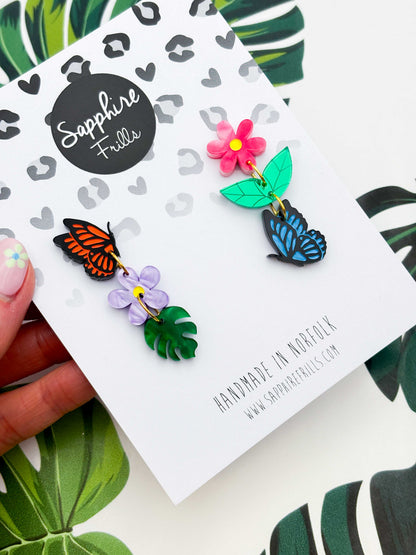 Mismatch Rainbow Butterfly Flower and Leaf Dangle Earrings – Hypoallergenic Stainless Steel