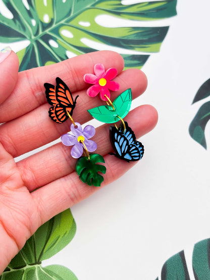 Mismatch Rainbow Butterfly Flower and Leaf Dangle Earrings – Hypoallergenic Stainless Steel