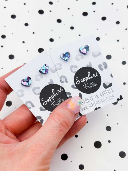 Mini Blue and Lilac Sequin Acrylic Heart Studs – Hypoallergenic Stainless Steel
