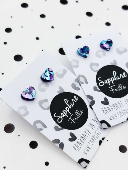 Mini Blue and Lilac Sequin Acrylic Heart Studs – Hypoallergenic Stainless Steel
