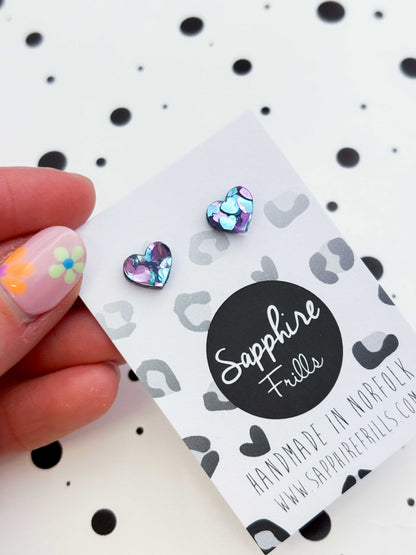 Mini Blue and Lilac Sequin Acrylic Heart Studs – Hypoallergenic Stainless Steel