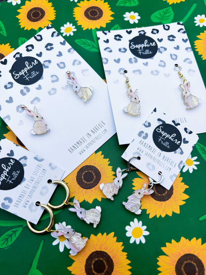 Medium Beige Glitter Marble Bunny Rabbit Acrylic Dangle Earrings or Necklace – Hypoallergenic Stainless Steel