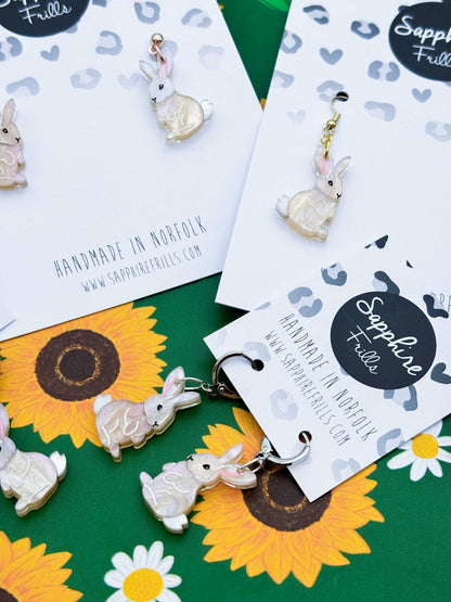 Medium Beige Glitter Marble Bunny Rabbit Acrylic Dangle Earrings or Necklace – Hypoallergenic Stainless Steel