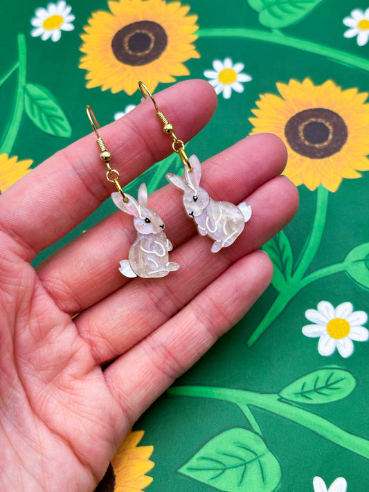 Medium Beige Glitter Marble Bunny Rabbit Acrylic Dangle Earrings or Necklace – Hypoallergenic Stainless Steel