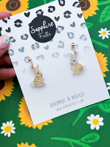 Medium Beige Glitter Marble Bunny Rabbit Acrylic Dangle Earrings or Necklace – Hypoallergenic Stainless Steel